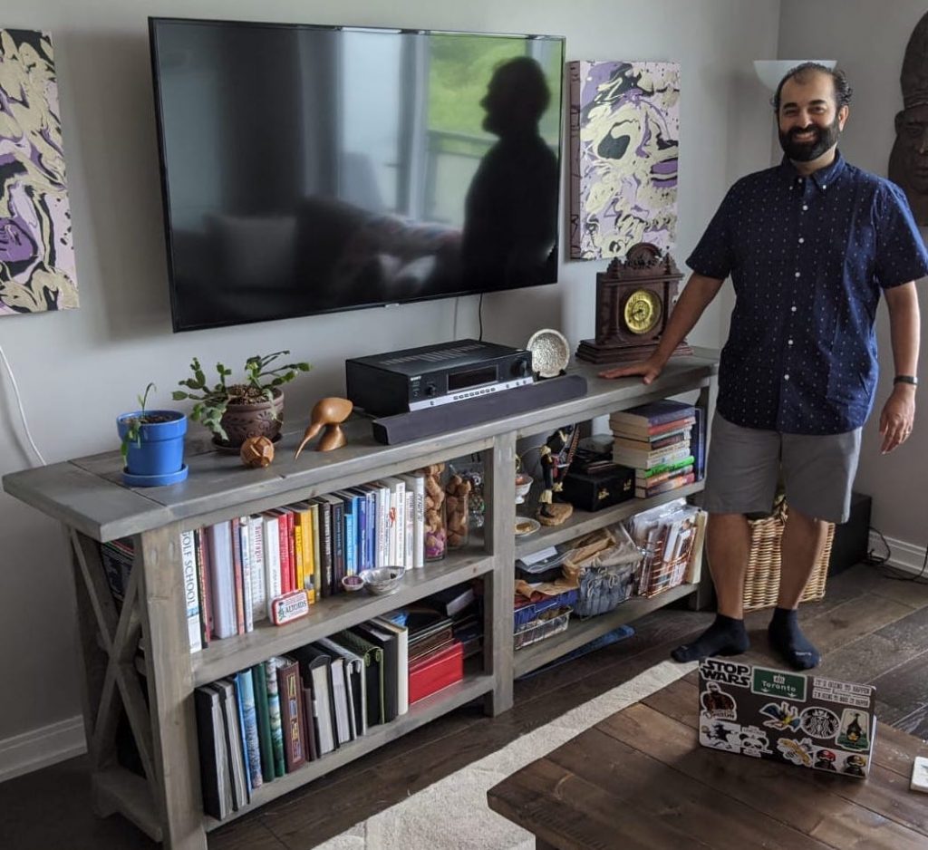 sarosh jamal pictured at home with his wood project