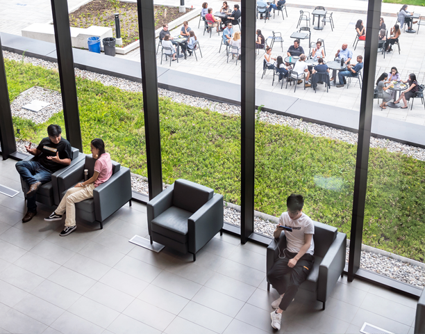 Students sitting in chairs indoors with a window view of people sitting outdoors. 