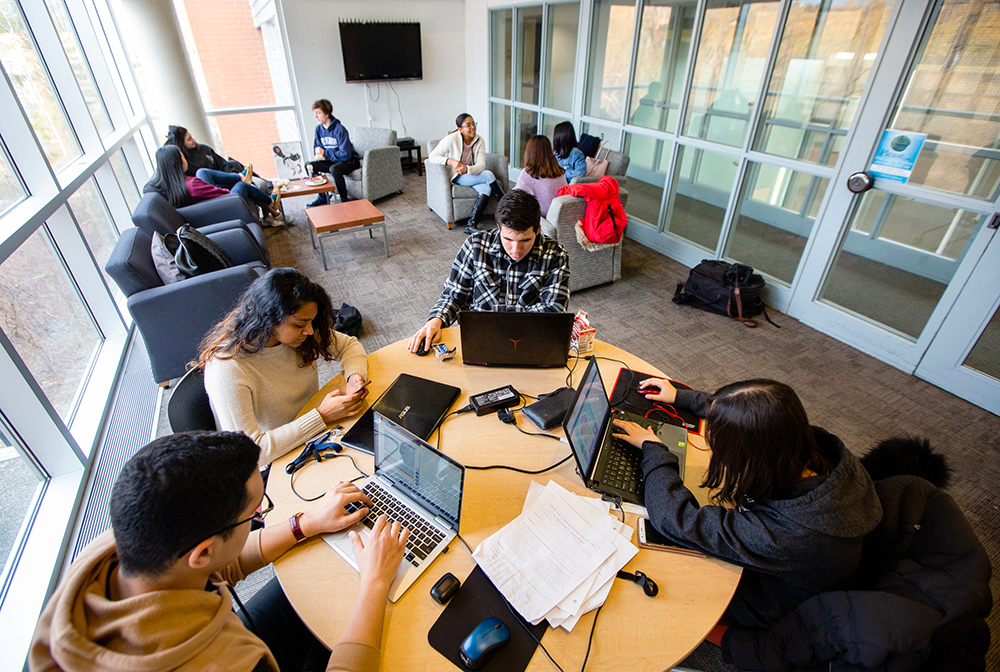 Students sitting at a table working on laptops.