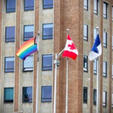Close up of the Progress Pride flag at Varsity Stadium.