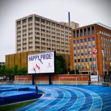 The Progress Pride flag raised at Varsity Stadium.