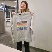 Sofiia Balaba, work-study student, at the Pride in-office coffee break celebration.