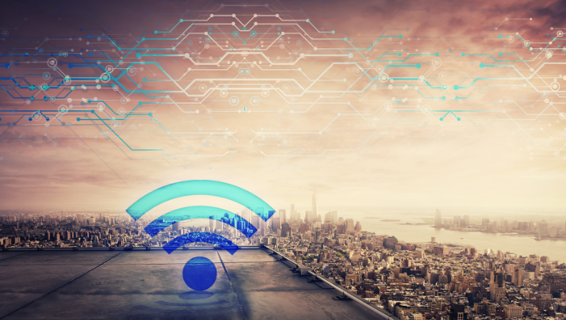 Wi-Fi symbol connecting a city
