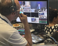 Back stage monitoring a session in Bahen Centre for Information Technology.