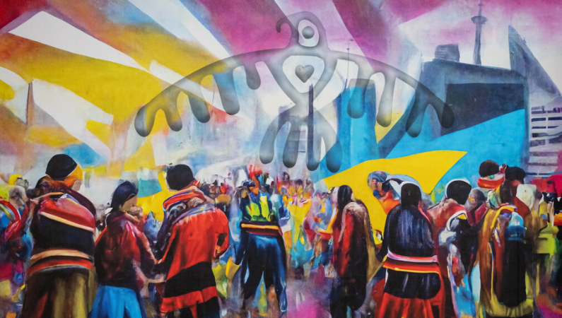 A mixed media mural depicting indigenous people in Toronto