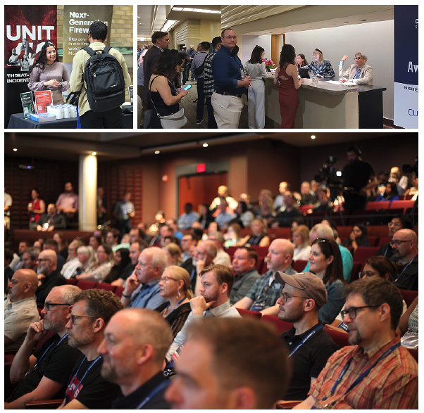 Collage of the CanHEIT event showing the registration desk and the participants at a session.