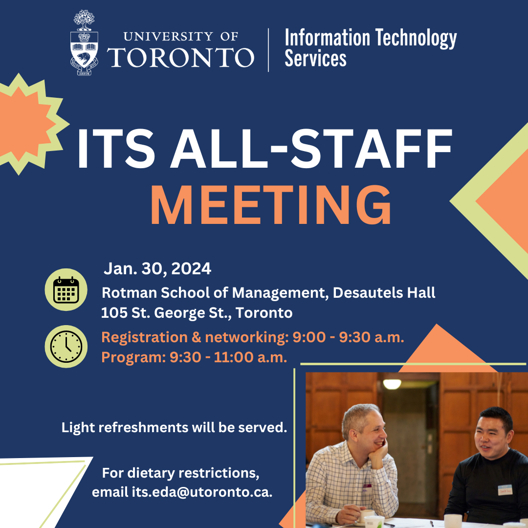 ITS All-Staff meeting poster with event time, date, and location