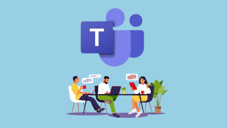 Illustration of three people working on devices together with the Microsoft Teams logo above their heads.