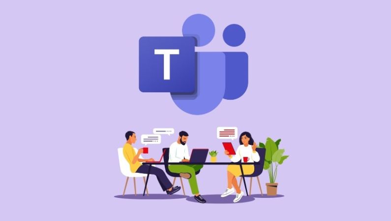 Illustration of three people working on devices together with the Microsoft Teams logo above their heads.